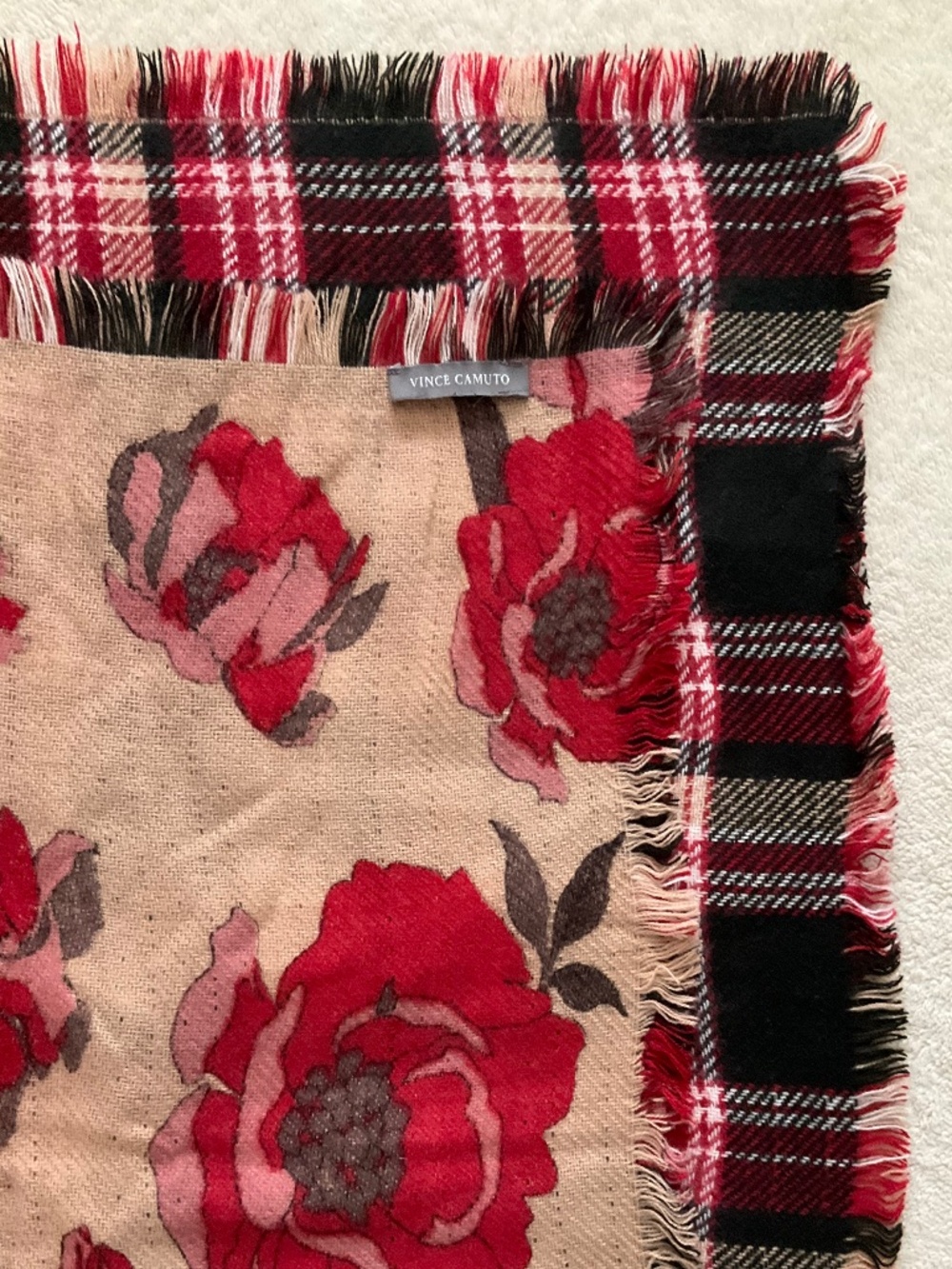 Vince Camuto plaid and floral blanket scarf with frayed edges
